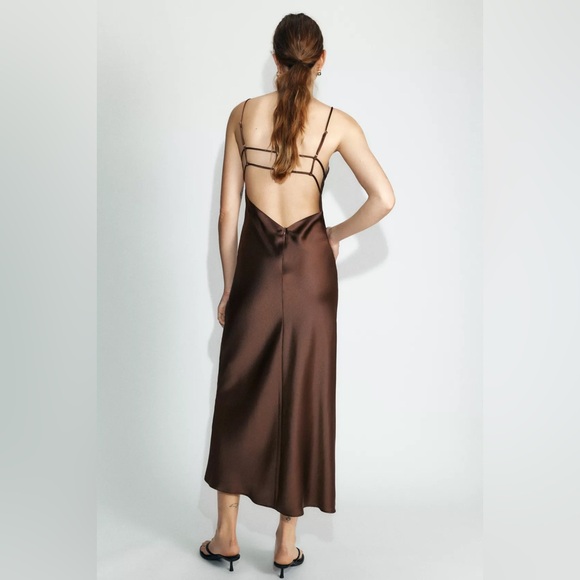 Zara Elegant Brown Satin Slip Dress Evening Party Wedding Casual - Picture 5 of 9